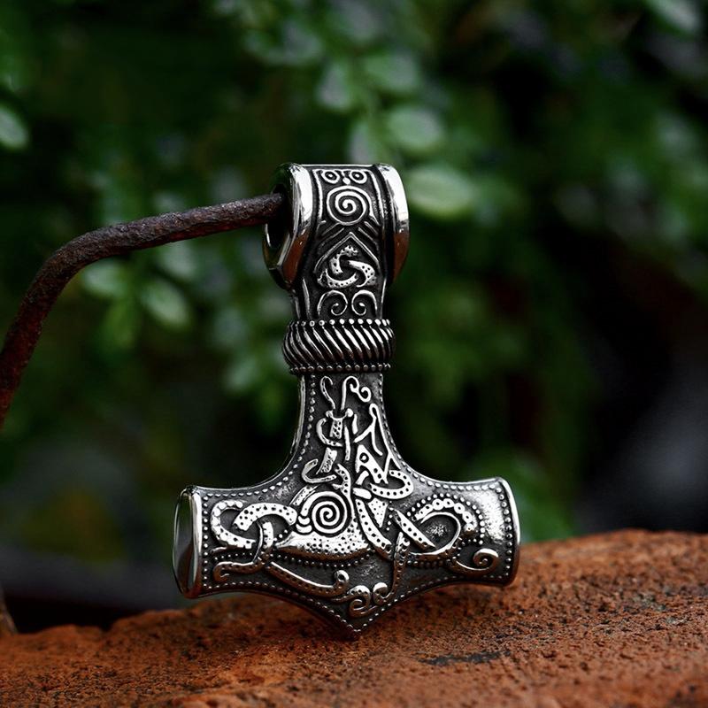 OAHLAN Fashion Jewelry Thor's Hammer Vintage Viking Rune Stainless Steel Pendant Necklace for Men Anniversary Party