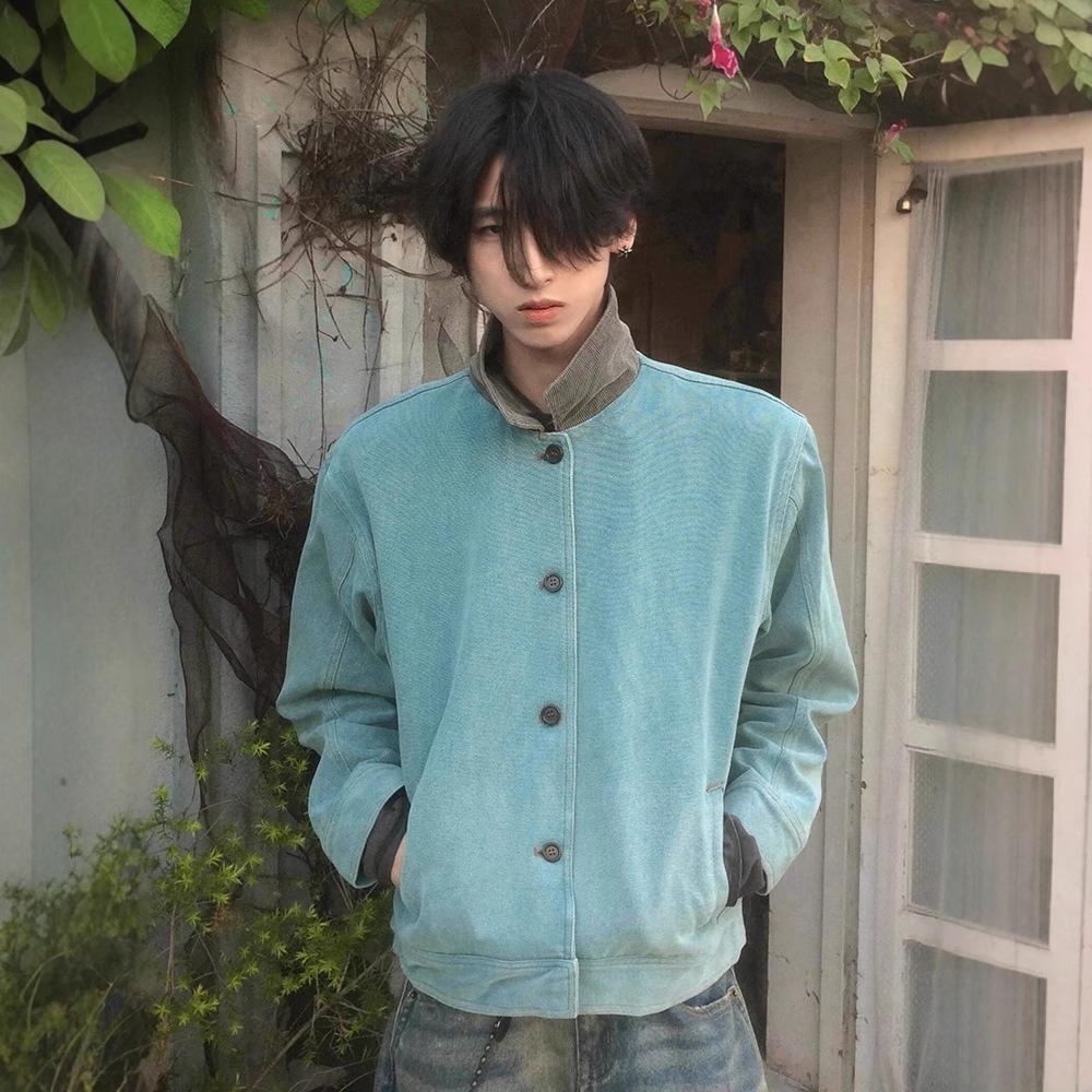 

Мужская весенняя куртка CleanFit цвета павлиньего пера - Стирка с солью и обжаркой, Короткий отложной воротник, Стиль рабочей одежды Large синий