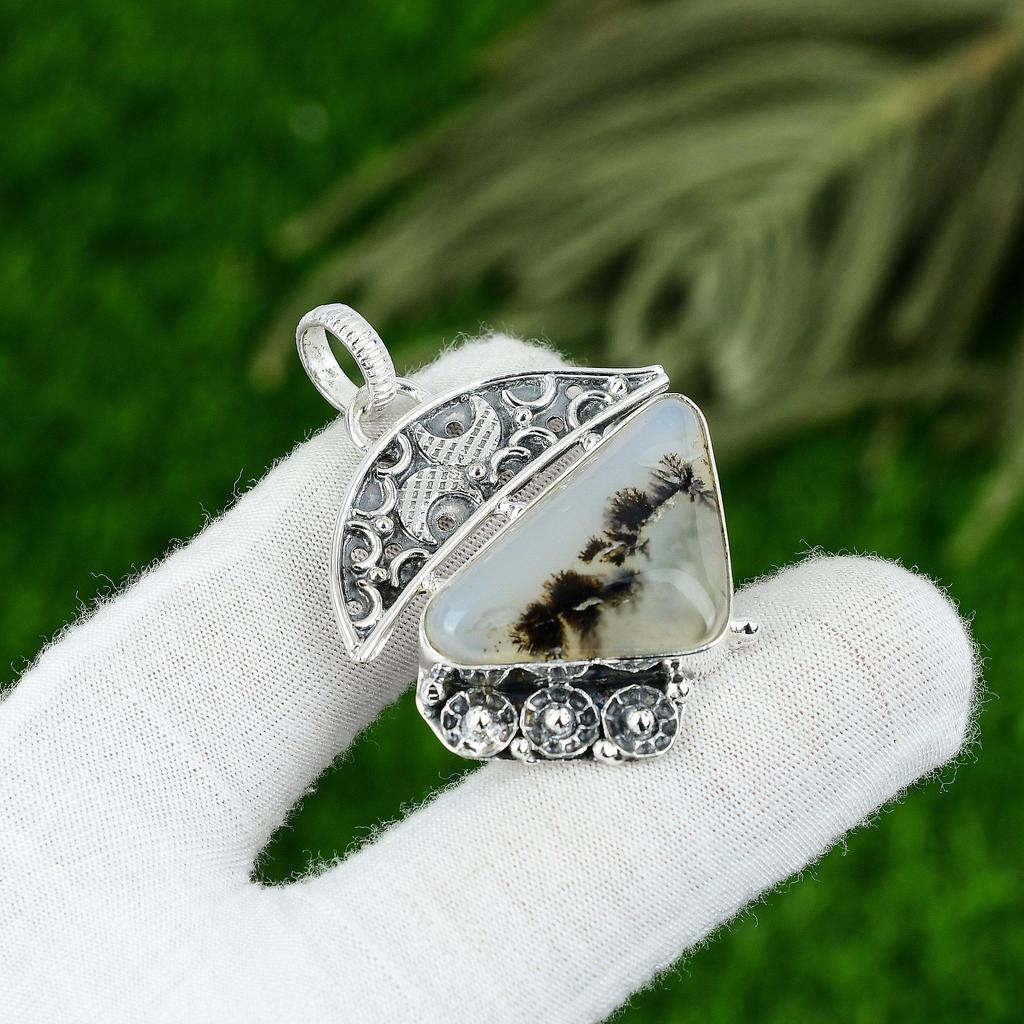 Gift For Her 925 Sterling Silver Natural Dendrite Tiger Gemstone Jewelry Pendant