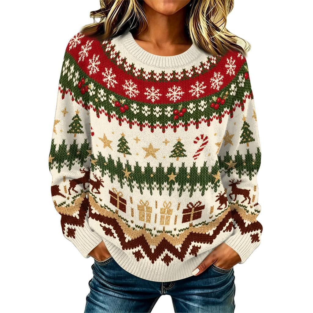 Maglione da Donna Casual a Manica Lunga con Scollo e Stampa Natalizia per le Feste