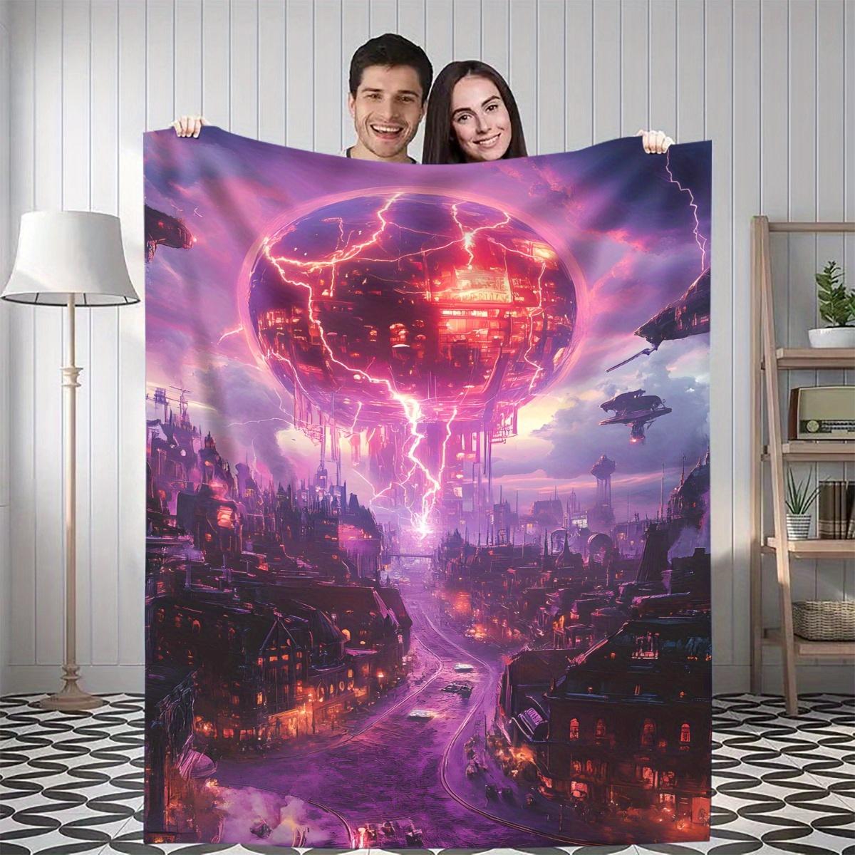 

1pc Futuristic Cityscape Throw Blanket - Soft Flannel All-Season Warmth, Purple Pink Electric design - Modern Home, Office, Camp 75x90cm28x35in