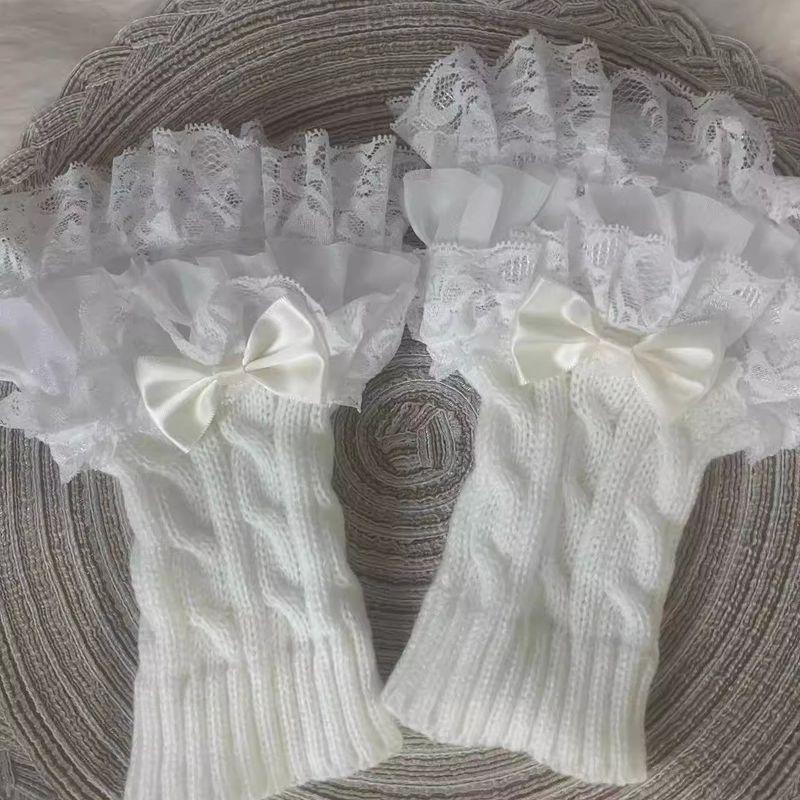 

Lolita Lace Thermal Oversleeves Knitting Cute Sweet Bows Young Adult Oversleeves Gloves Leg Warmer Two-in-One White pair One size