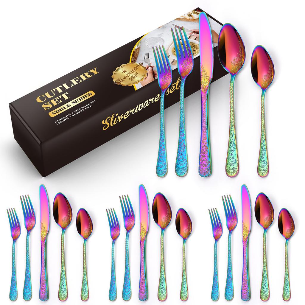 Chinese Patterned Stainless Steel Tableware Set for Household Knives  Forks  Spoons  Black 20/40 Piece Set