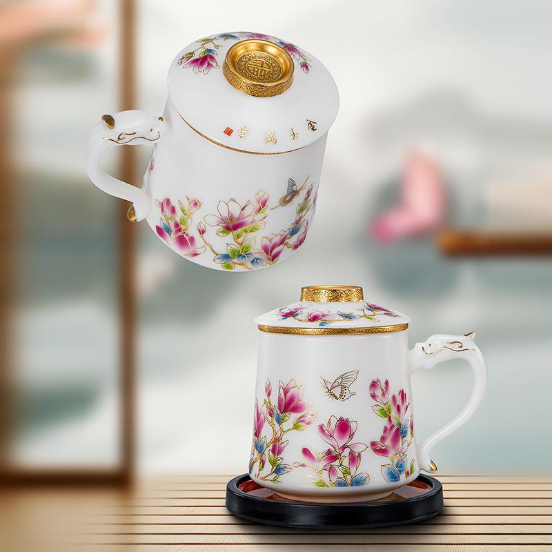 Golden Jade Ceramic Tea Cup with Lid & Filter - Large Capacity Office & Gift Cup