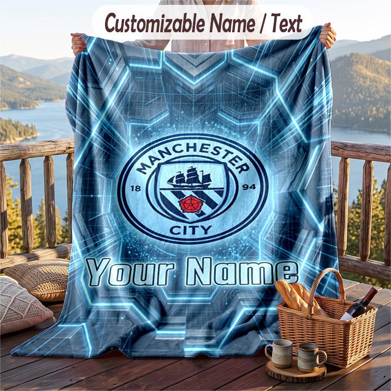 Flannel Blanket Manchester City Print Custom Name Text Soft Throw for Sofa Bed