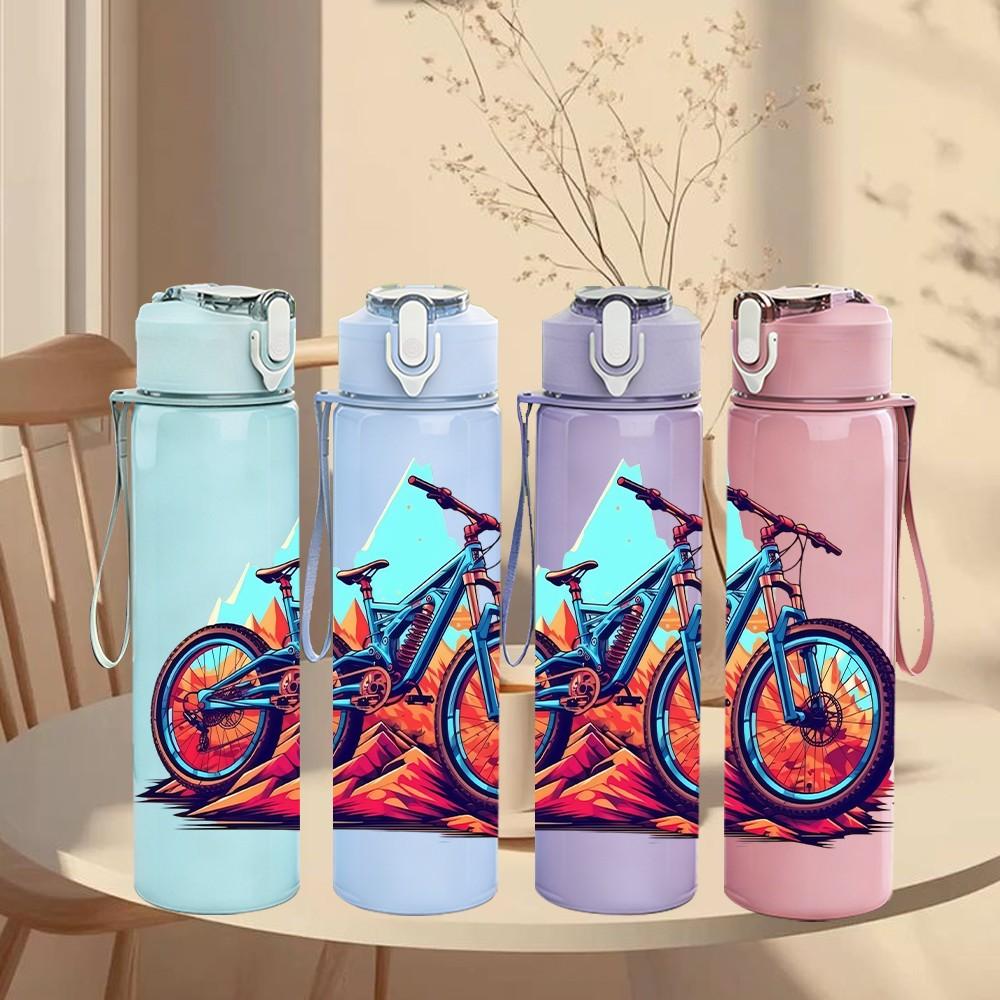 1PC Mountain Bicycle Outdoor Cycling Print 750ml Color Plastic Sports Water Bottle Leakproof Flip Straw Lid Suitable for Sports Office Home Use