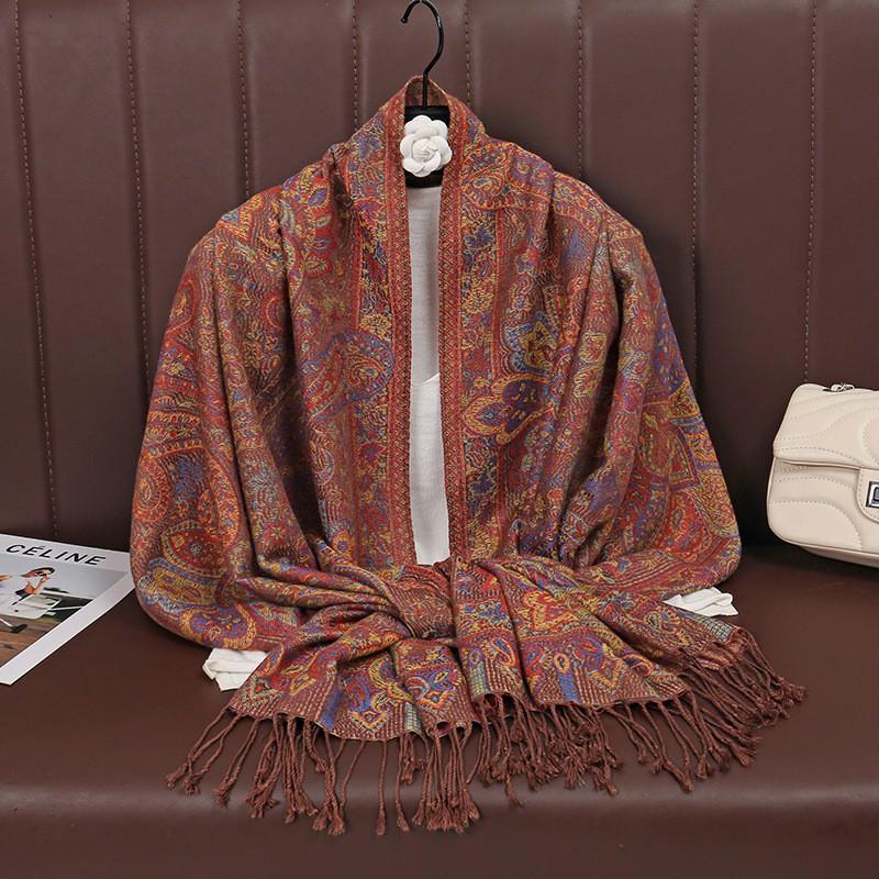 Acrylic Knit Shawl Scarf With Ethnic Jacquard Tassels All-Season Wearable Wrap Women