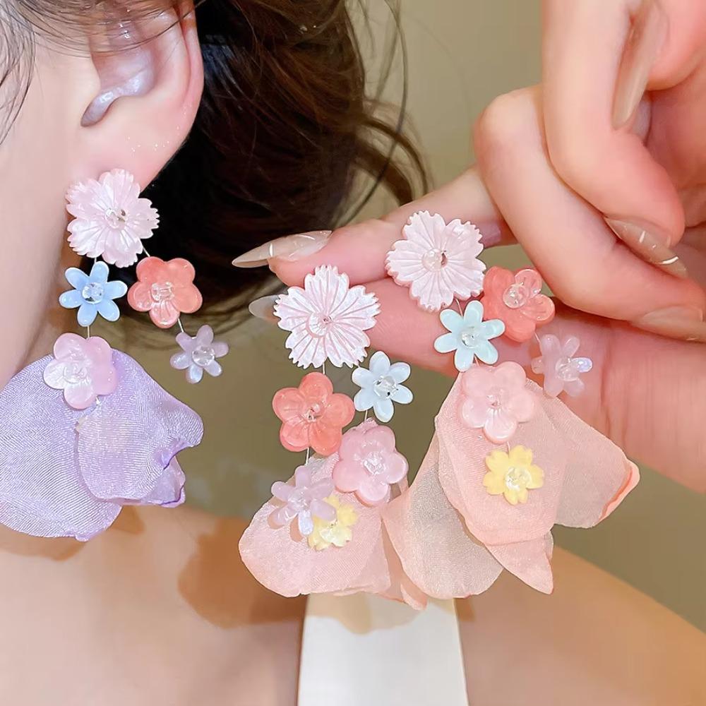1pair Contrasted Blush-colored Fabric Flower Earring Tassel Drop Earring Vacation Beach Daily