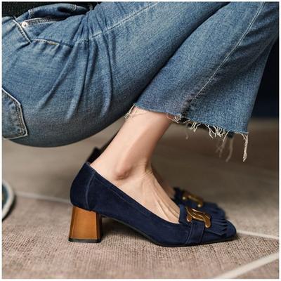 Fashion 2024 New Women's Faux Suede Tassel High Heels Metal Mid Heel Boat Shoes Wood Grain Heel Slip On Dress Shoes Office