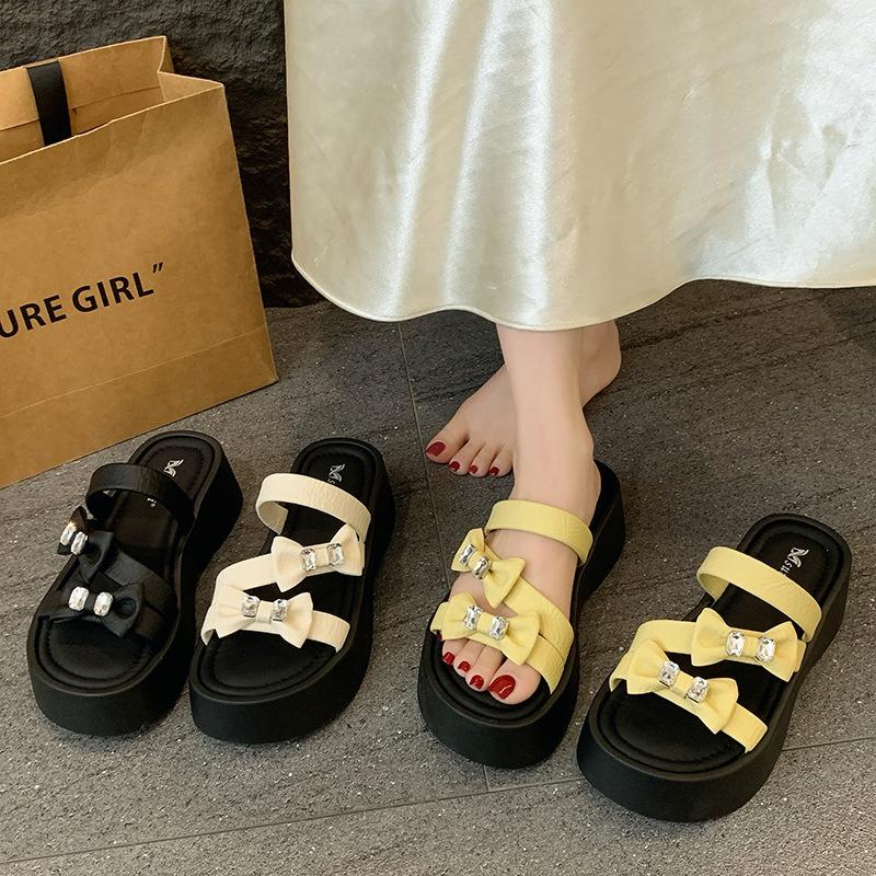 New Outer Wear Muffin Heightened Thick Heel Cool Slippers Leather Thick Bottom One-word Drag Women's Summer New