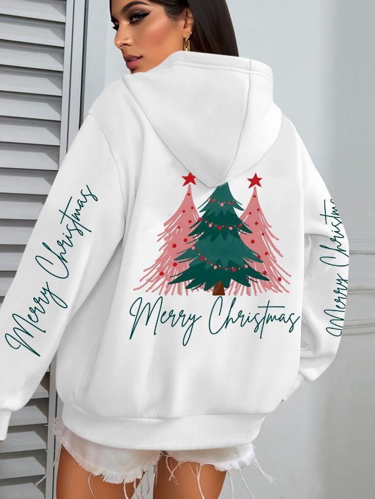 Merry Christmas Tree Print Women's Loose Y2K Hip Hop Hoodie