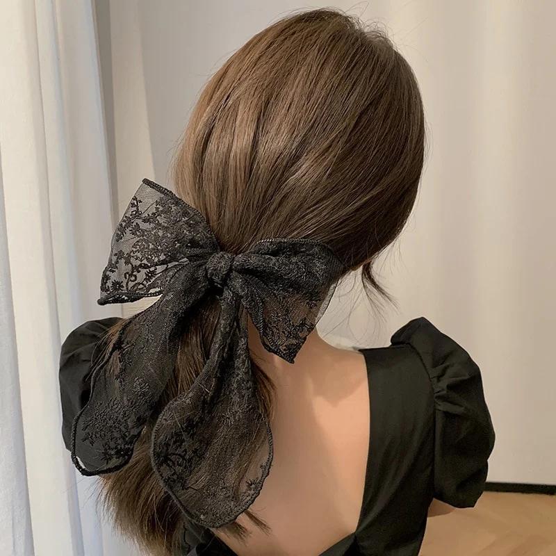 Fashion Solid Color Women Lace Hairclip Black White Bow Hair Barrettes Girl Gentle Fashion Ponytail Hairpin Accessories