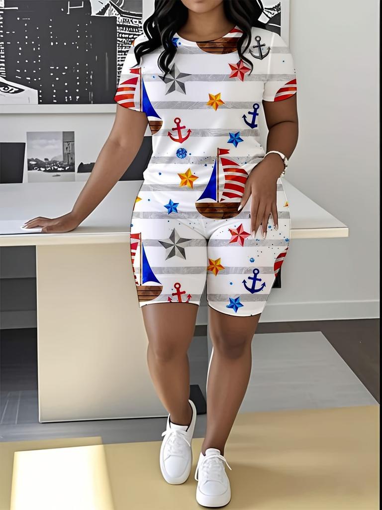 Striped code European and American women's clothing checkered printing T-shirt shorts set sports suit