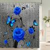 Blue Rose Plant with Floral Bathroom Decoration Shower Curtain with Hooks