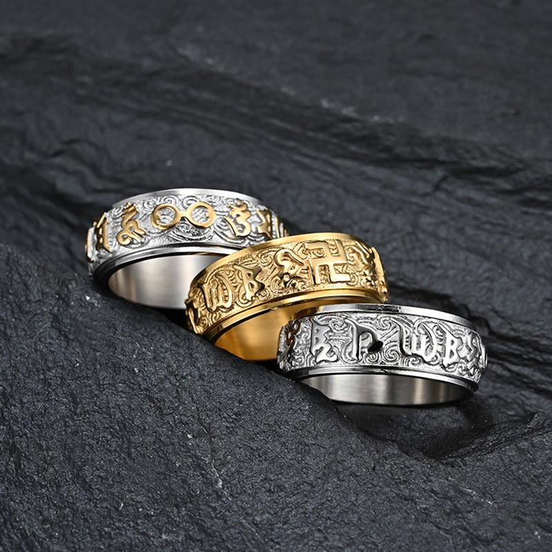 8mm Stainless Steel Tibetan Buddhist Mantra Sanskrit Spinner Ring for Men Women Size 6-12