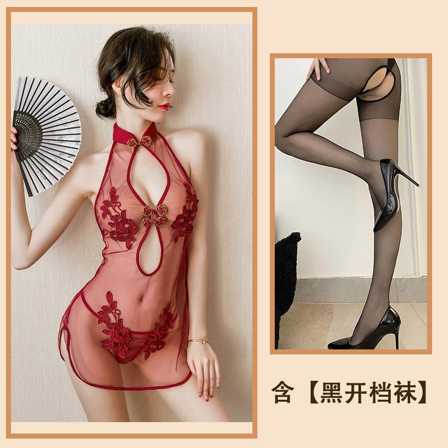 Sexy Sexy Lace Slit Free Uniform Mesh Classical Embroidery Cheongsam Temptation Perspective Set