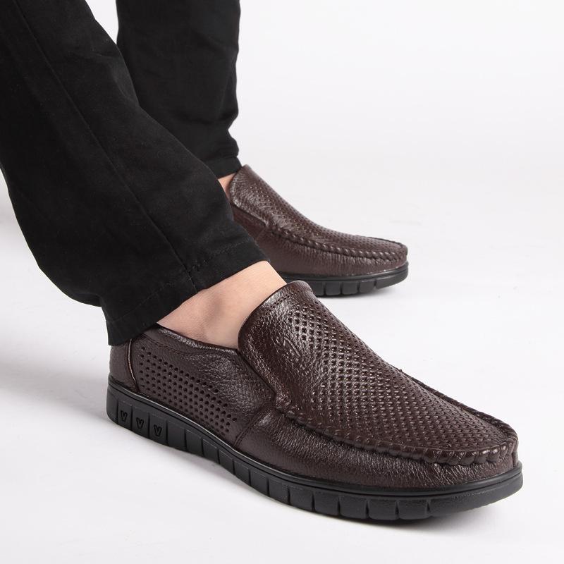 Men's Shoes First Layer Cowhide Business Casual Leather Shoes Non-slip Hollow Leather Shoes Breathable Soft Leather Soft Sole Single Shoes