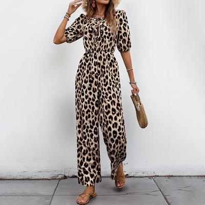 Women's Fashion Casual Summer Spring Leopard Print Short Sleeve O-Neck High Waist Trousers Jumpsuits & Rompers