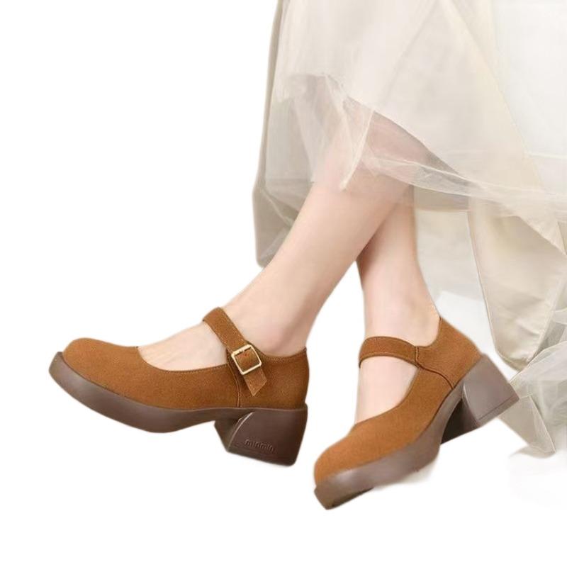 Retro Chunky Heel Women's Soft-soled Anti-slip Thick Sole Breathable Round-toe Versatile Shoes