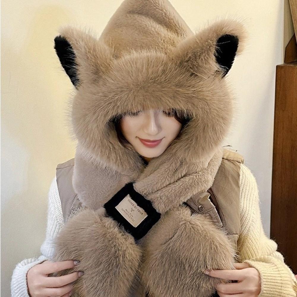 Thickened Plush Bear Hat Scarf Two-Piece Set Neck Warmer Hat Cute Ear Protection Hooded  Winter