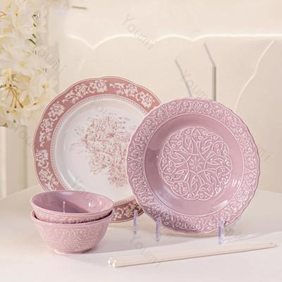 High End French Style Ceramic Plates Fashion Relief Purple Dinner Plate Household Soup Bowls Ramen Noodles Bowl Dishes Tableware