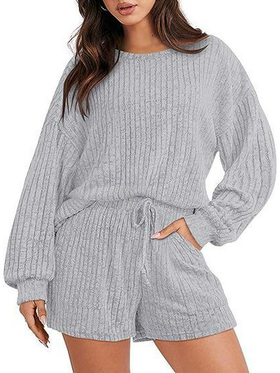 

Европейский и американский женский рубчатый костюм-двойка с шортами с длинным рукавом с начесом для осени и зимы Small серый