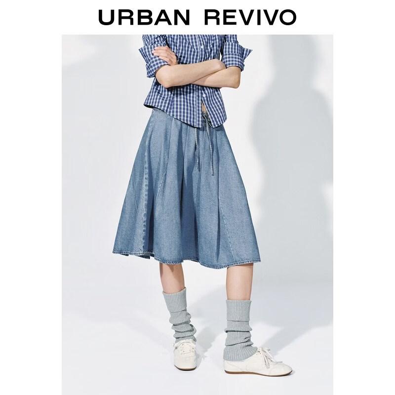UR 2026 Women s Casual Patchwork Plaid Tie-Waist Denim Skirt S