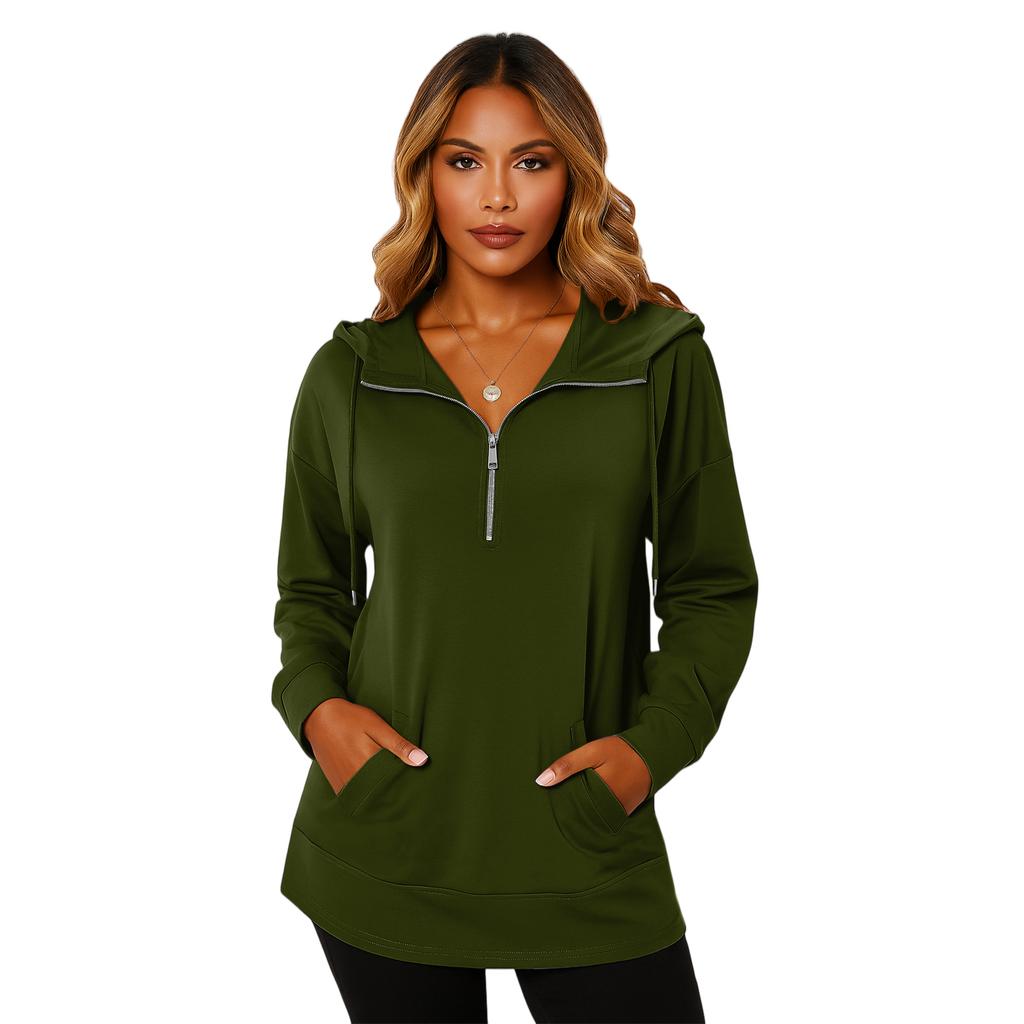 Women's Fashionable Solid Color Hooded Long Sleeved Pocket Pullover Sweatshirt Top