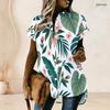 Women Plus Size Collared Neck Short Sleeve Lemon Print White Button Front High Low Curved Hem Shirt