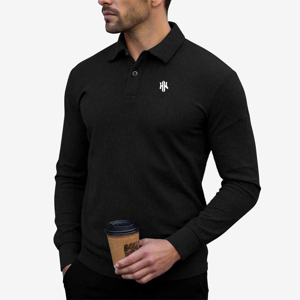 Polo Shirts for Men Geometric HK Print Ribbed Long Sleeve