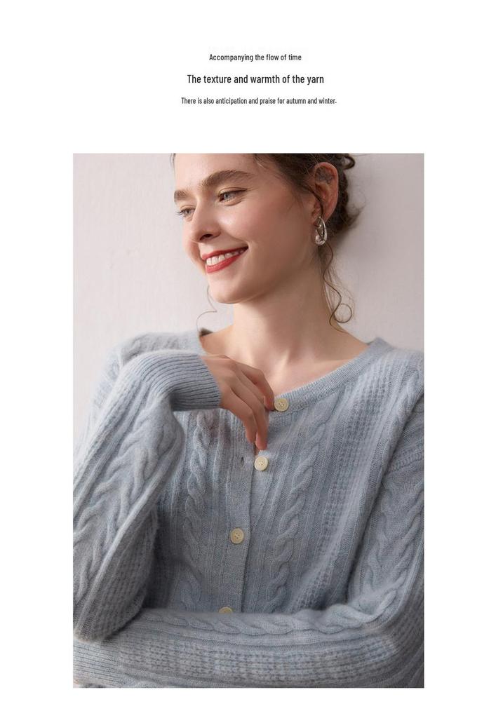 Women's Cashmere Round Neck Knit Cardigan - Autumn/Winter Retro Cable Design