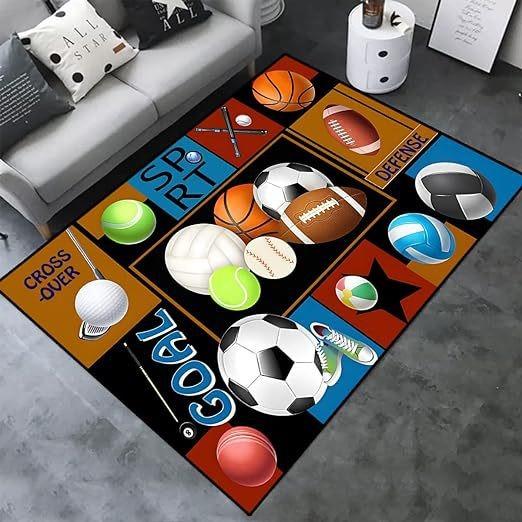 Multi-Sport Pattern Area Rug with Colorful Game Tiles Non-Slip Playroom Carpet for Sports Fans Floor Mat for Kids Room Decor