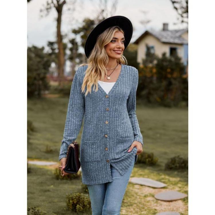 Damen Strickjacke Pullover Langarm Einfarbig Gestreift Gestrickt Herbst Winter Mode