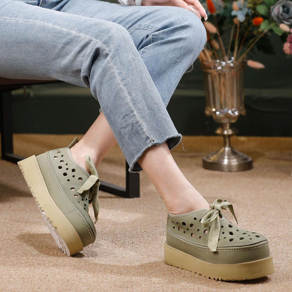Johnature Thick Soled Hollow Hole Shoes Genuine Leather Lace Up Comfortable Women's Platform Sandals