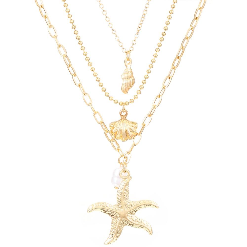 Gold Starfish Pendant Necklace Pearl Shell Charm Chain Necklace Summer Collarbone Necklace