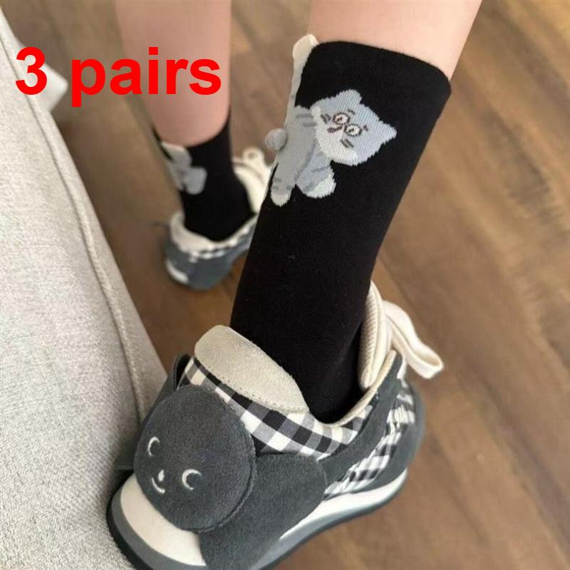 

Women Cartoon Cat Crew Socks Funny Cute Cat Socks with Ball for Women Girls 3 Pairs