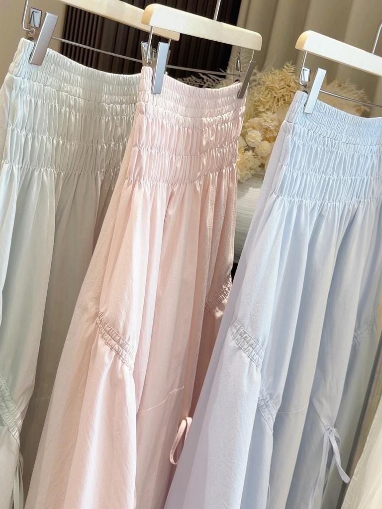 2026 Summer Tencel Cotton A-line Bowknot Skirt: Elastic Waist, Pleated, Mid-Length, Versatile, Women's Thin Fit