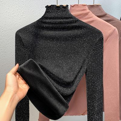 Women's Autumn and Winter Bright Silk Mesh Yarn Bottoming Temperament High Collar Padded Warm Inner Wooden Ear Edge Tops