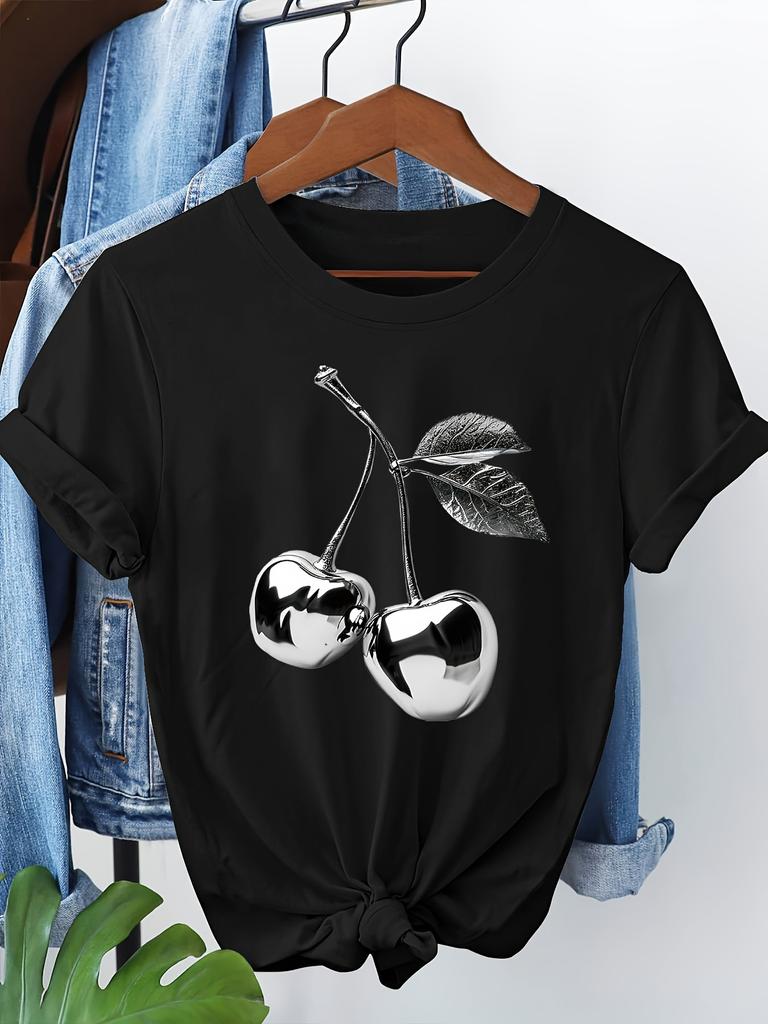 Tailles européennes Un T-shirt pour femme à col rond et manches courtes avec un motif cerise argenté, frais et moderne, pour le printemps et l'été
