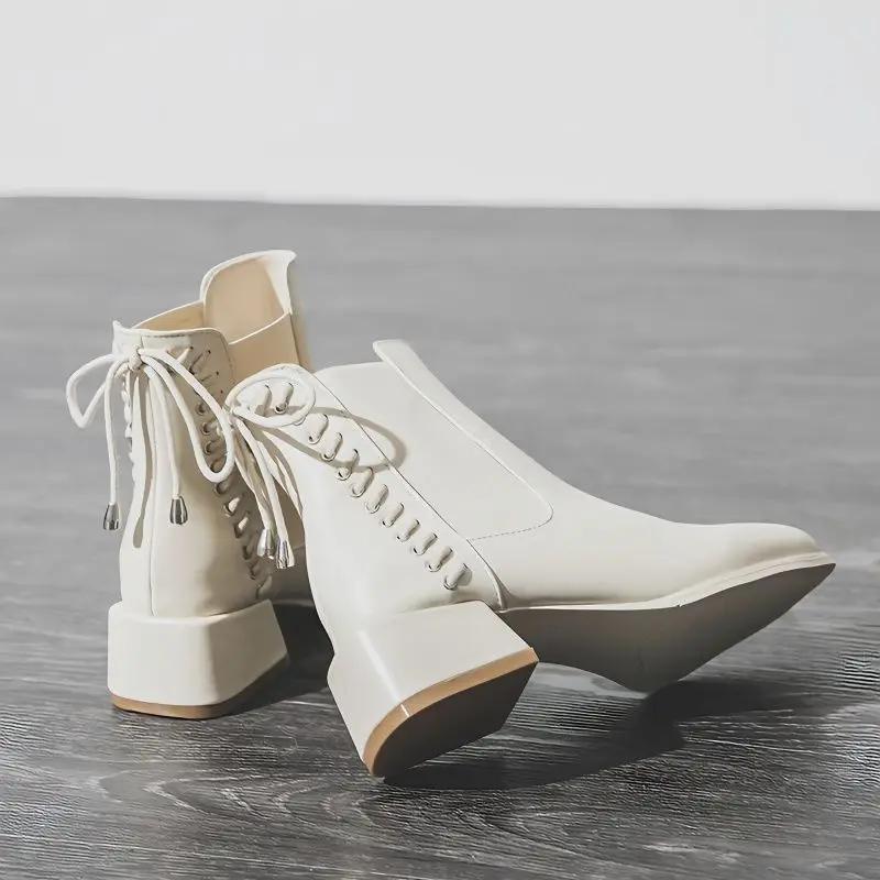 Fashion Short Shoes for Women Punk Style Booties with Laces Female Ankle Boots Elegant Medium Heels Footwear Lace-up Chelsea Combat Boot