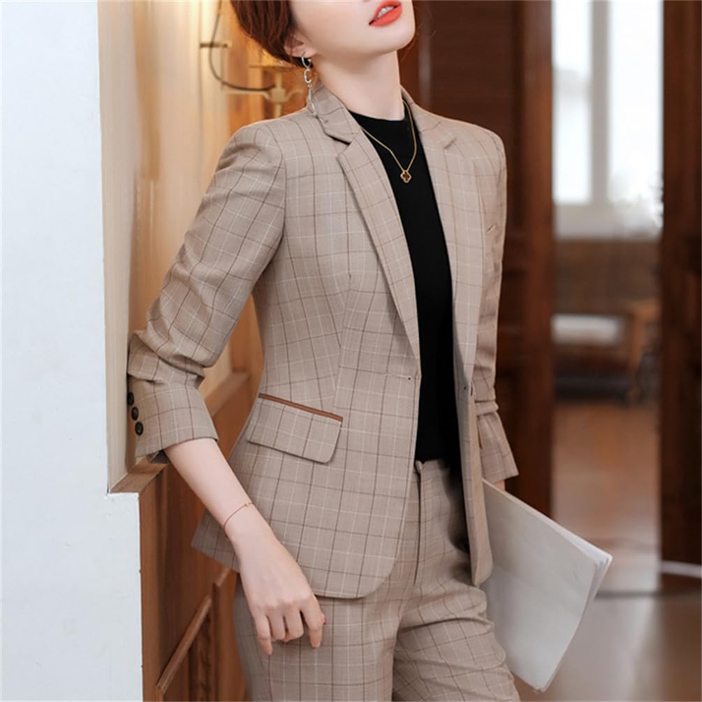 Suit Tailored Jacket and Checkered Single Job Office Entrance Graduation Ceremonies [ZHENGTU] Women's Set Two-Piece Pantsuit, Button, Stylish,