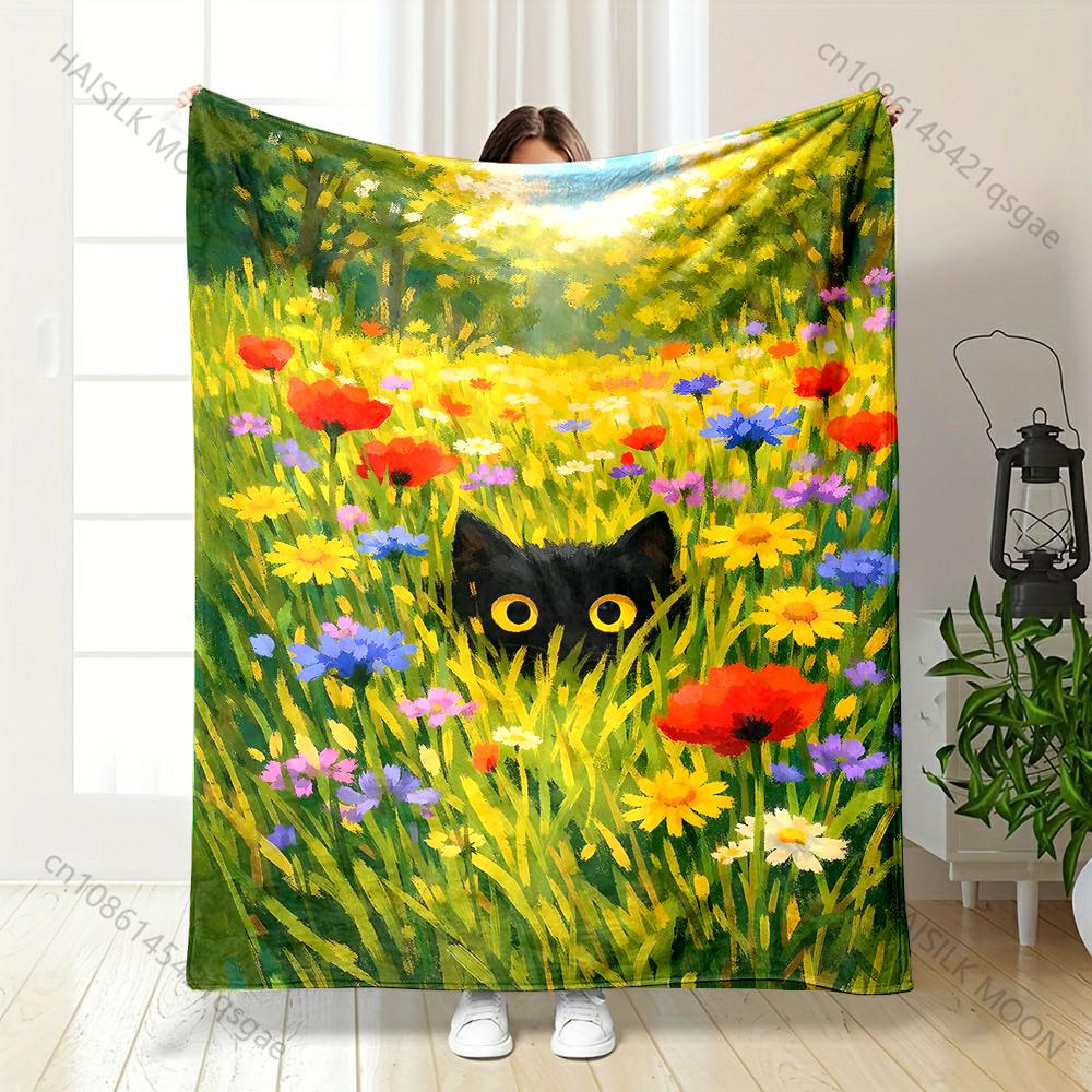 Black Cat Hiding In Wildflower Meadow Print Blanket Warm Soft Fluffy S and Adult Sofa Bed Throw Outdoor Travel Camping RV