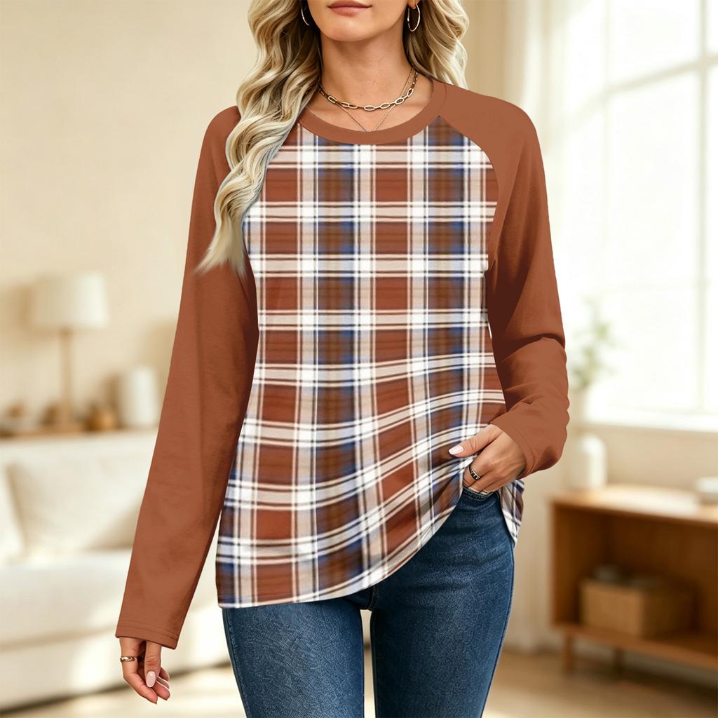 Women's Fashion Printed Long Sleeve Neck Raglan Sweatshirt with Color Block