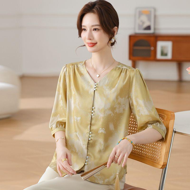

Womens Pink Chinese Style V Neck 3/4 Sleeve Blouse XL жёлтый