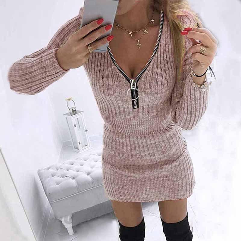 HNXC Women's Fashion Autumn Winter Solid Color Print Long Sleeve Zip Collar Casual Dresses