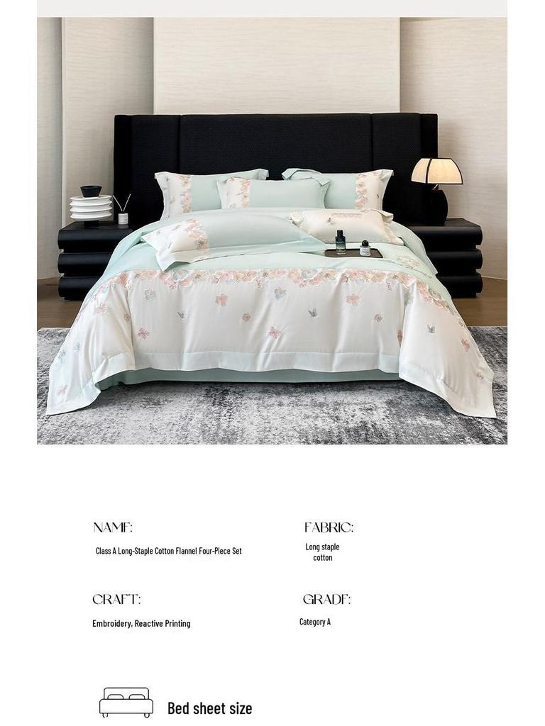100% Cotton Long-Staple Flannel Embroidery 4-Piece Bedding Set - Mother & Baby Grade, All-Season