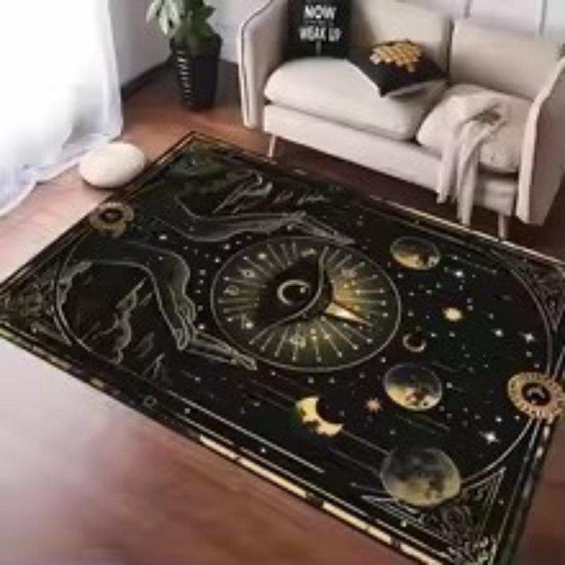 Black Mystical Carpet Featuring Star Moon and Sun Designs Anti-slip Floor Mat for Living Room Bedroom Decor Doormat
