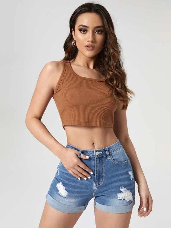 High Elasticity High Waist Ripped Denim Shorts with Rolled Hem - Women's Trendy Hot Pants