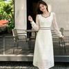 French Contrasting Color Black Edge Lace Dress Female V Waist Long Sleeve Slim Slim Dress Gentle Temperament Dating Fairy