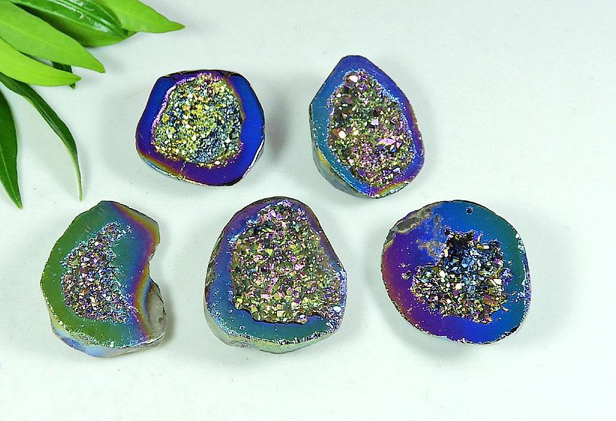 25-30MM Rainbow Titanium Aura Agate Druzy Fancy Loose Gemstone 5Pcs Lot SY-113